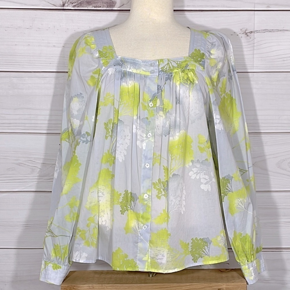 NWT Calvin Klein Floral Print Square Neck Cotton Voile Long Sleeve Blouse
